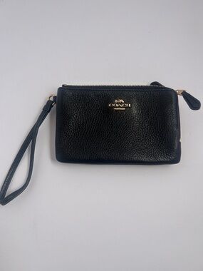 Coach Black Pebbled Leather Wristlet with Gold Logo